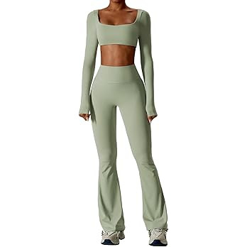 ABOCIW Workout Sets for Women 2 Piece Square Neck Long Sleeve Crop Tops High Waist Flared Legging... | Amazon (US)