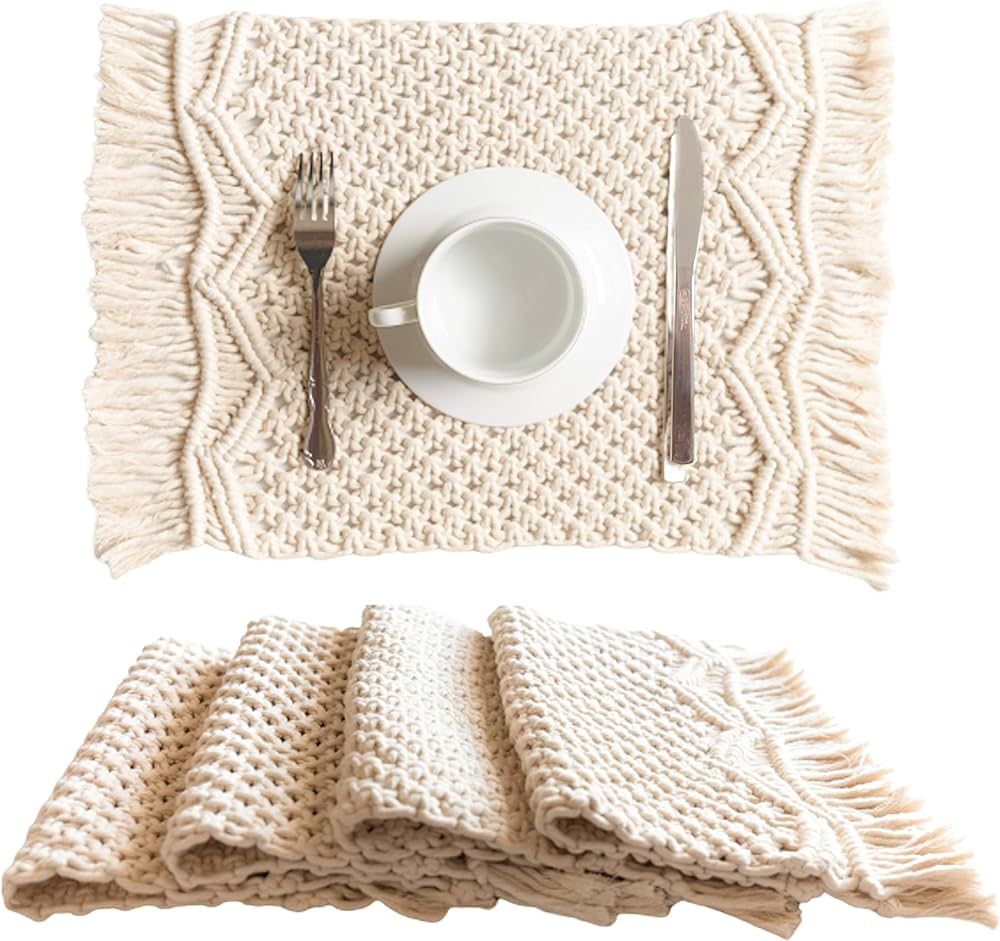 SnugLife Macrame Placemats Set of 4 - Handmade Cotton Woven Boho Placemats - Modern Farmhouse Fri... | Amazon (US)