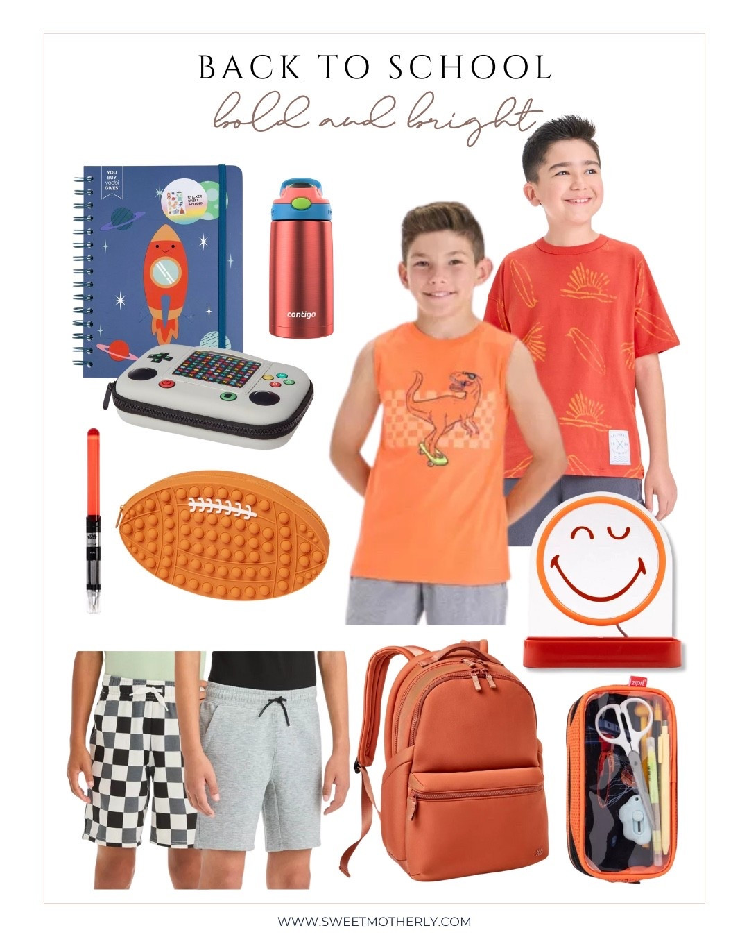Bright orange school gear, dinosaur tees, and checkered shorts make this back to school outfit pop.

#LTKSeasonal #LTKKids #LTKStyleTip