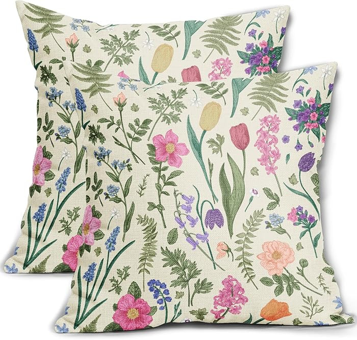 Spring Floral Pillow Covers 24x24 Inch Set of 2 Watercolor Pink Flowers Sage Green Leaves Vintage... | Amazon (US)