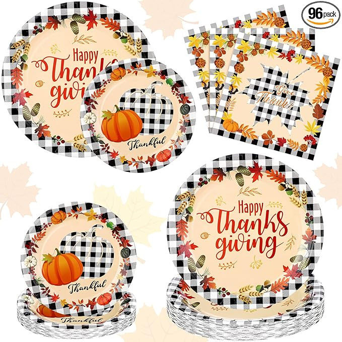 96 Pcs Thanksgiving Paper Plates and Napkins Disposable Dinnerware Set Serve 24 Guests Elegant Fa... | Amazon (US)
