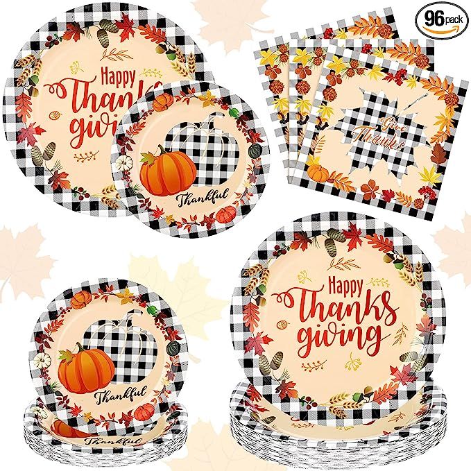 96 Pcs Thanksgiving Paper Plates and Napkins Disposable Dinnerware Set Serve 24 Guests Elegant Fa... | Amazon (US)