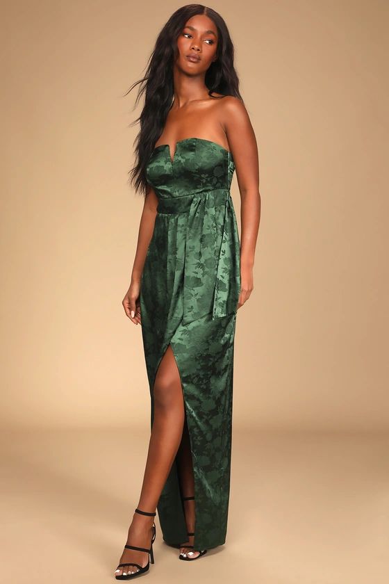 Easy Elegance Emerald Floral Jacquard Satin Strapless Maxi Dress | Lulus (US)