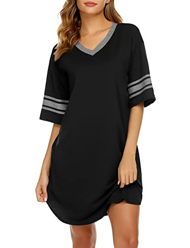 Ekouaer Nightgowns for Women Cotton Night Gown Short Sleeve Sleepwear V Neck Color Block Sleep Shirts Ladies Night Shirts Black L | Amazon (US)