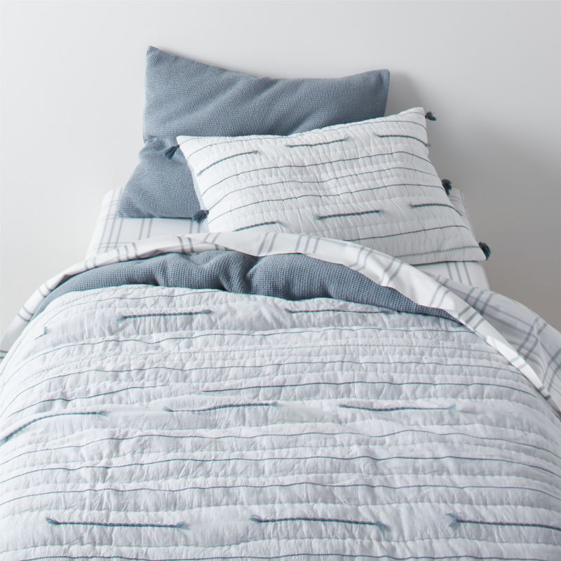 Mist Blue Embroidered Texture Stripe Voile Kids Twin Quilt | Crate & Kids | Crate & Barrel