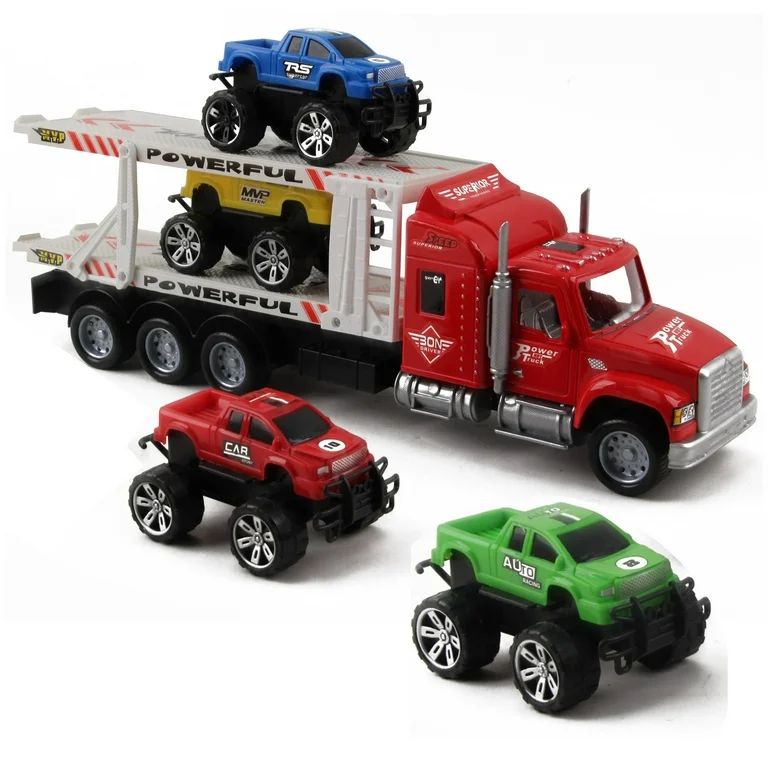 Vokodo Toy Semi Truck And Hauler 14.5" Push And Go With Four Lifted Pickup Cars Kids Friction Pow... | Walmart (US)