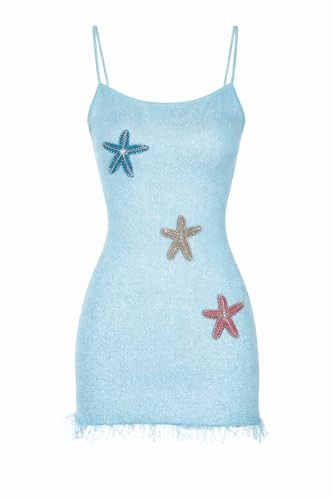 OCUH Mini Dress Spaghetti Strap Starfish Dress Tassels Sundress Sequin Sleeveless Knitted Vacatio... | Amazon (US)