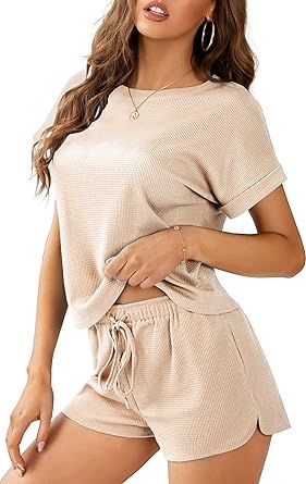 Aifer Women's Short Sleeve Waffle Pajama Sets Loungewear Top and Shorts 2 Piece Tracksuit Outfits | Amazon (US)