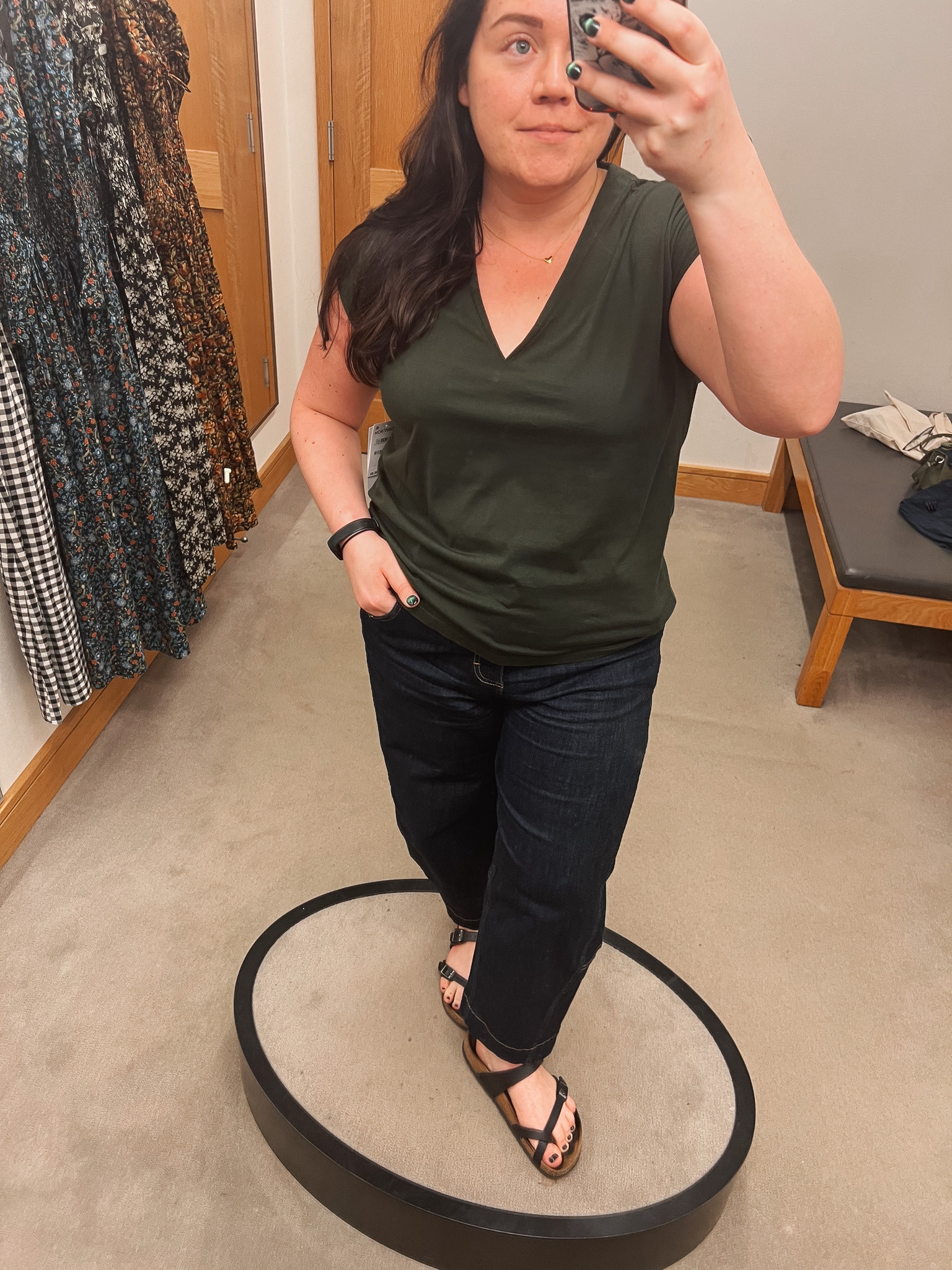 This Frame top is such a classic — the dark green color is even prettier in person 💚 It’s petite friendly and great for layering, with a relaxed, polished fit that works in any season. I sized up for a looser look and paired it with my Ruti petite barrel jeans, which have the most flattering shape and are so comfortable for everyday wear. 

 #LTKSeasonal #LTKPetite #LTKStyleTip