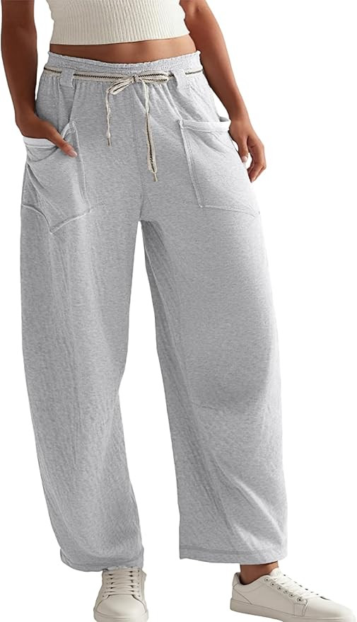 Womens Baggy Barrel Pants Wide Leg Elastic-Wasited Cotton Loose Palazzo Lounge Sweatpants with Po... | Amazon (US)