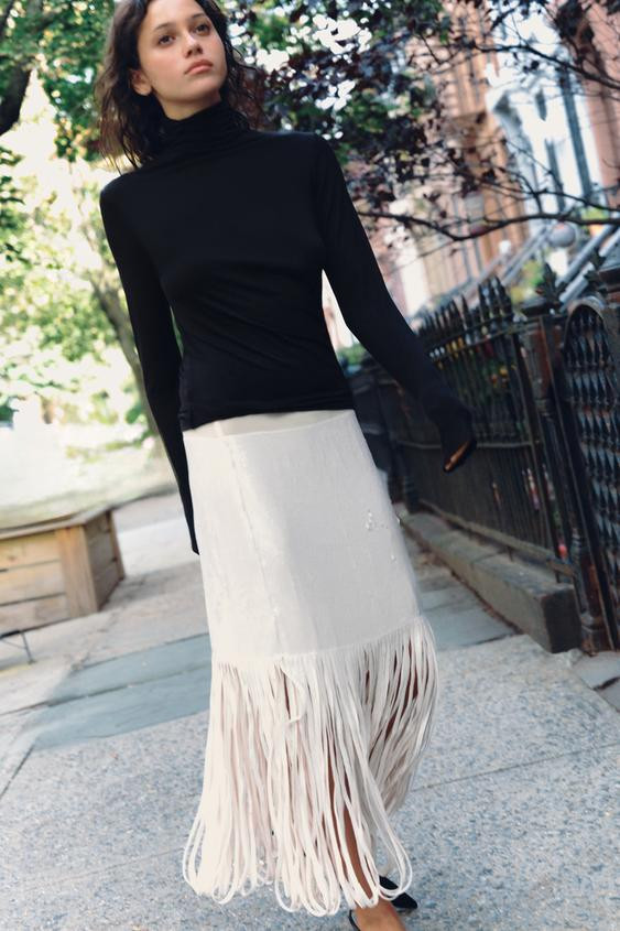 Zara - Sequin Fringed Midi Skirt - Oyster-White - L - Woman | Zara US