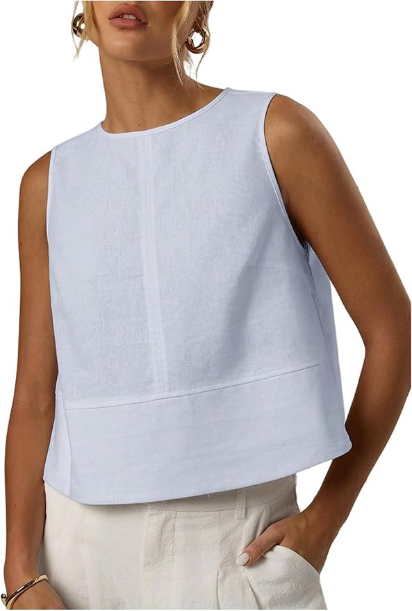 MakeMeChic Women's Linen Shirts Dressy Tops Summer Crop Tank Tops Sleeveless Blouse Work Shirts | Amazon (US)