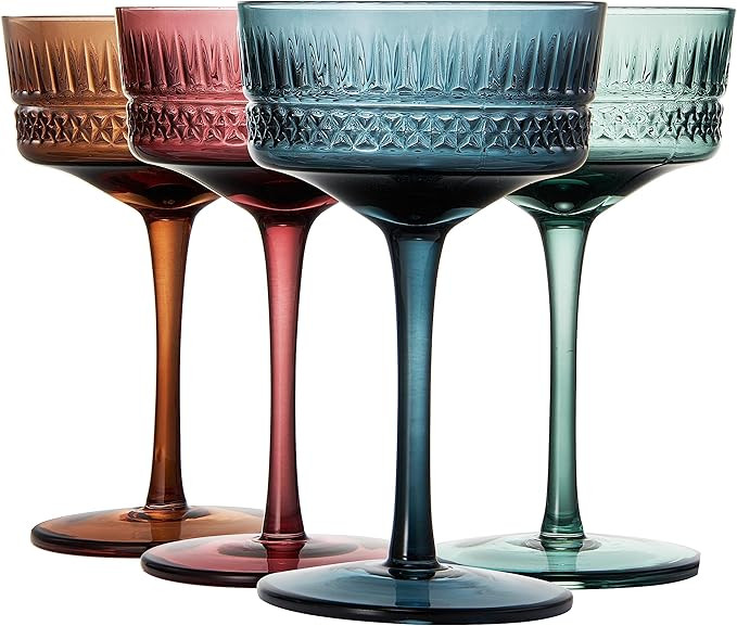 Colored Crystal Coupe Glass | Set of 4 | Large 9.6oz Art Deco Stemmed Glassware Muted Vintage Gla... | Amazon (US)