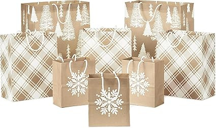 Hallmark Assorted Christmas Gift Bags, Recyclable Kraft Brown with Snowflake, Plaid and Trees (8 ... | Amazon (US)