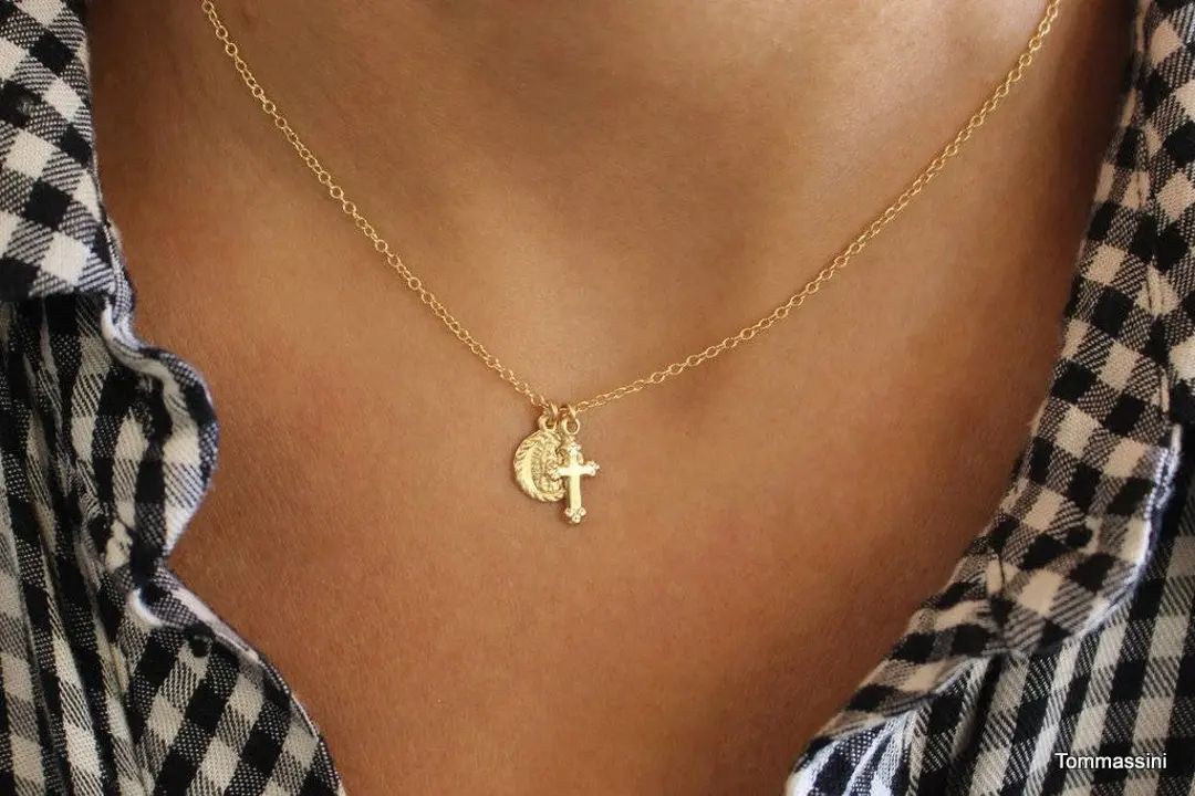 Tiny Cross & Saint Charm Necklace, Vintage Cross, Virgin Mary Cross Necklace, Mary Necklace, Gold... | Etsy (US)