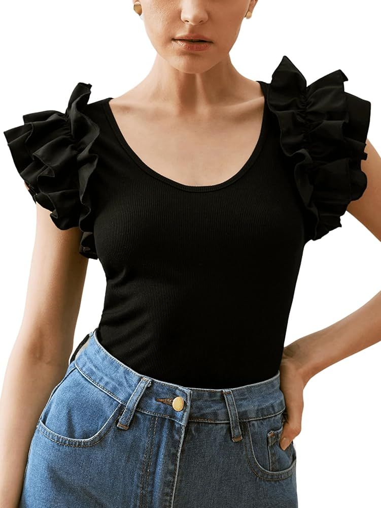 Verdusa Women's Ruffle Trim Layered Butterfly Sleeve Scoop Neck Fitted Tee Top | Amazon (US)