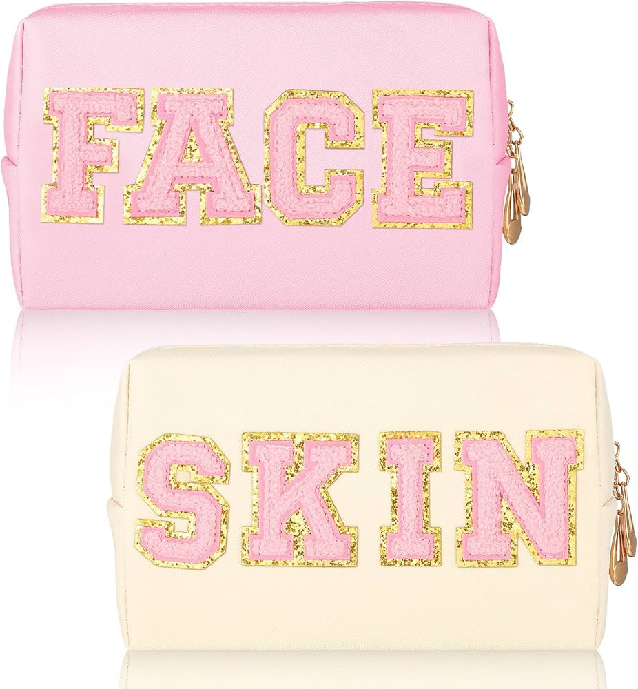 2 Pcs Preppy Patch Makeup Bag Waterproof Chenille Letter Cosmetic Bag Portable Toiletry Bag Zippe... | Amazon (US)