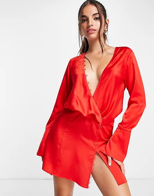 ASOS DESIGN bias cut drape mini dress with button detail in red | ASOS (Global)