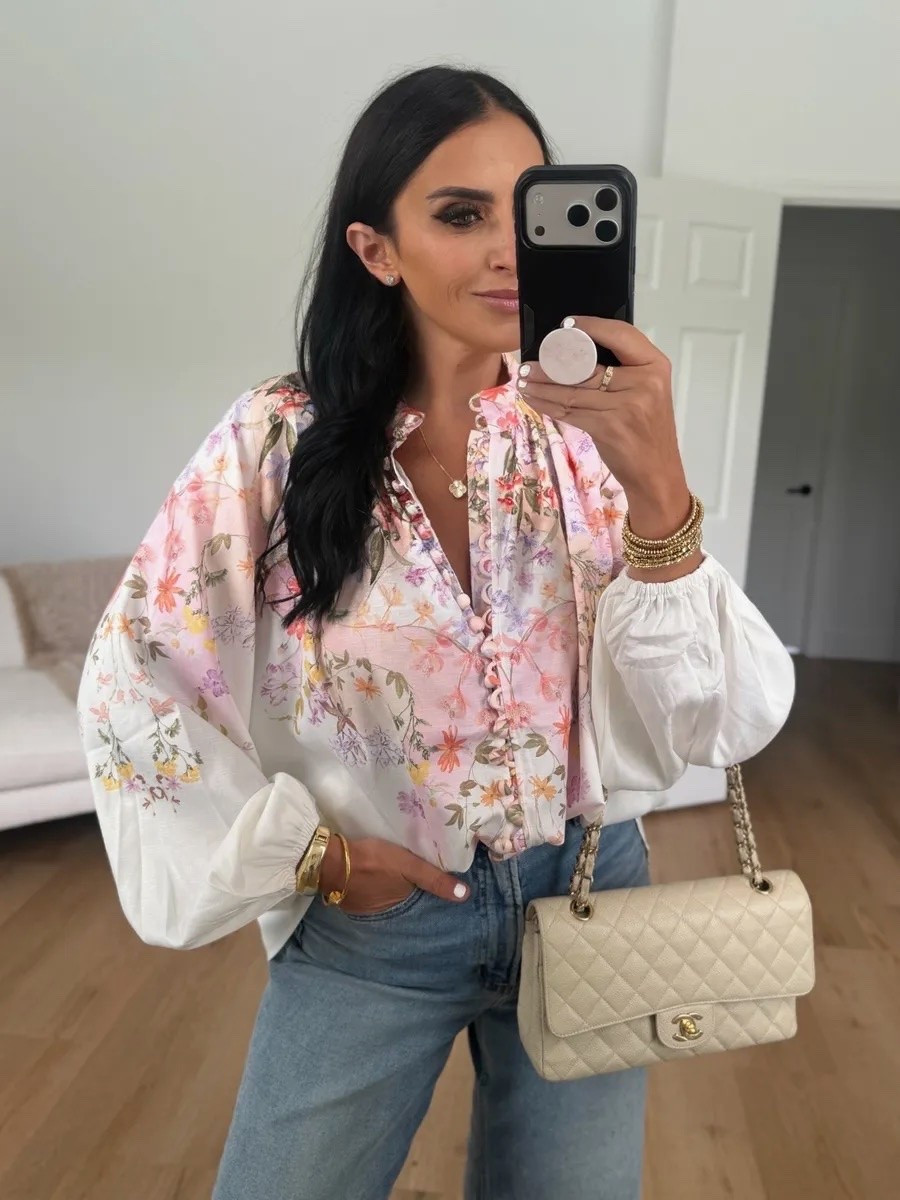 Petal & Pup Tiarna Floral Print Shirt wearing size small. Pistola Jeans