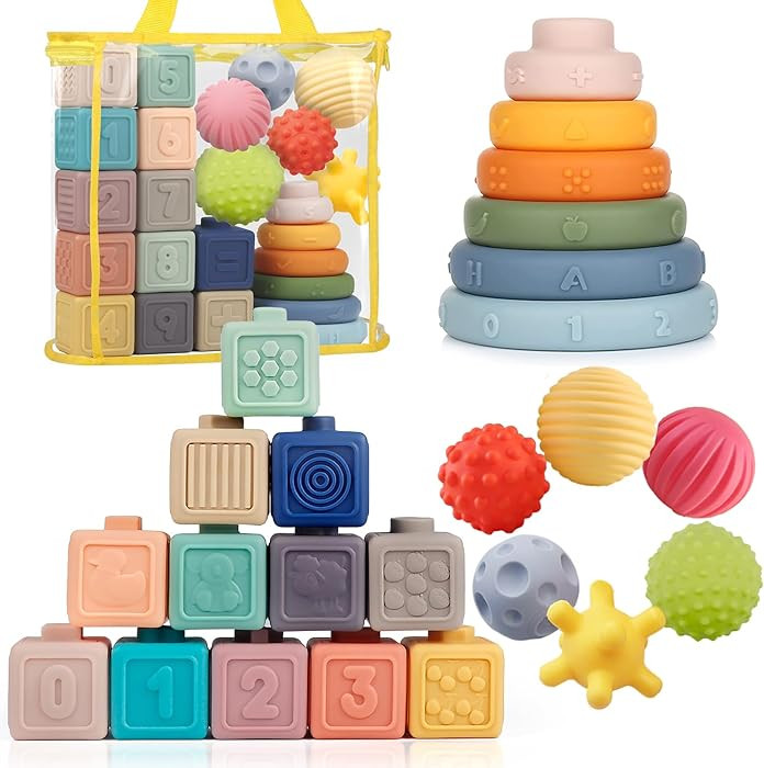 Montessori Toys Soft Stacking Building Blocks Rings Balls Sets 3 in 1 Baby Toys Bundle for Babies... | Amazon (US)