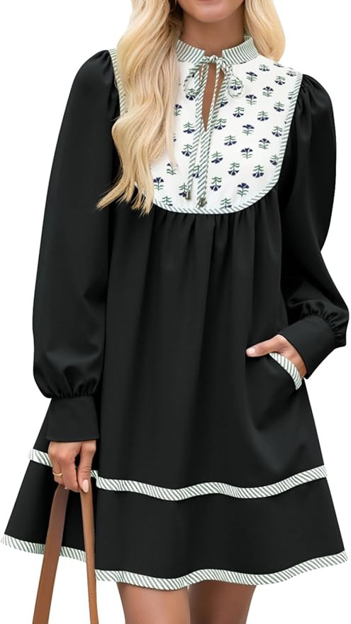 Wenrine Floral Boho Loose Mini Dress Shirt Dresses | Amazon (US)