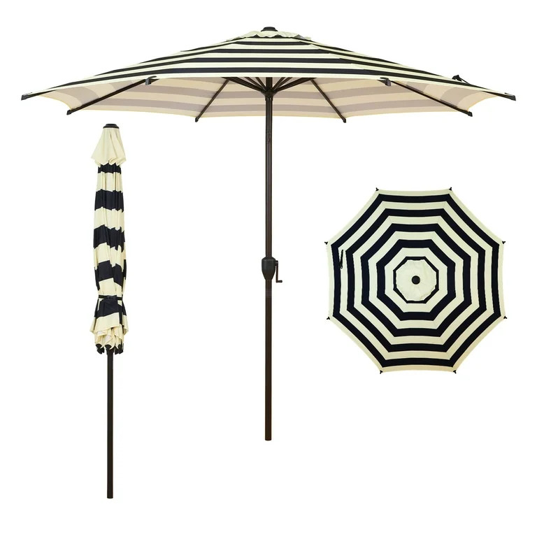 Abba Patio 9ft Outdoor Patio Umbrella, Push Button Tilt and Crank, 8 Ribs, Black & Cream Stripe | Walmart (US)