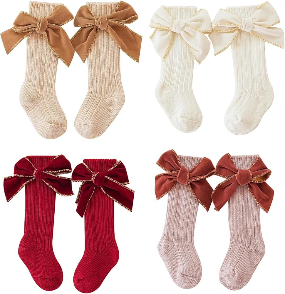 0-5T Baby Girl Knee High Socks with Velvet Bows 4 Pairs Cotton Rib Knit Long Socks Infants Toddle... | Amazon (US)