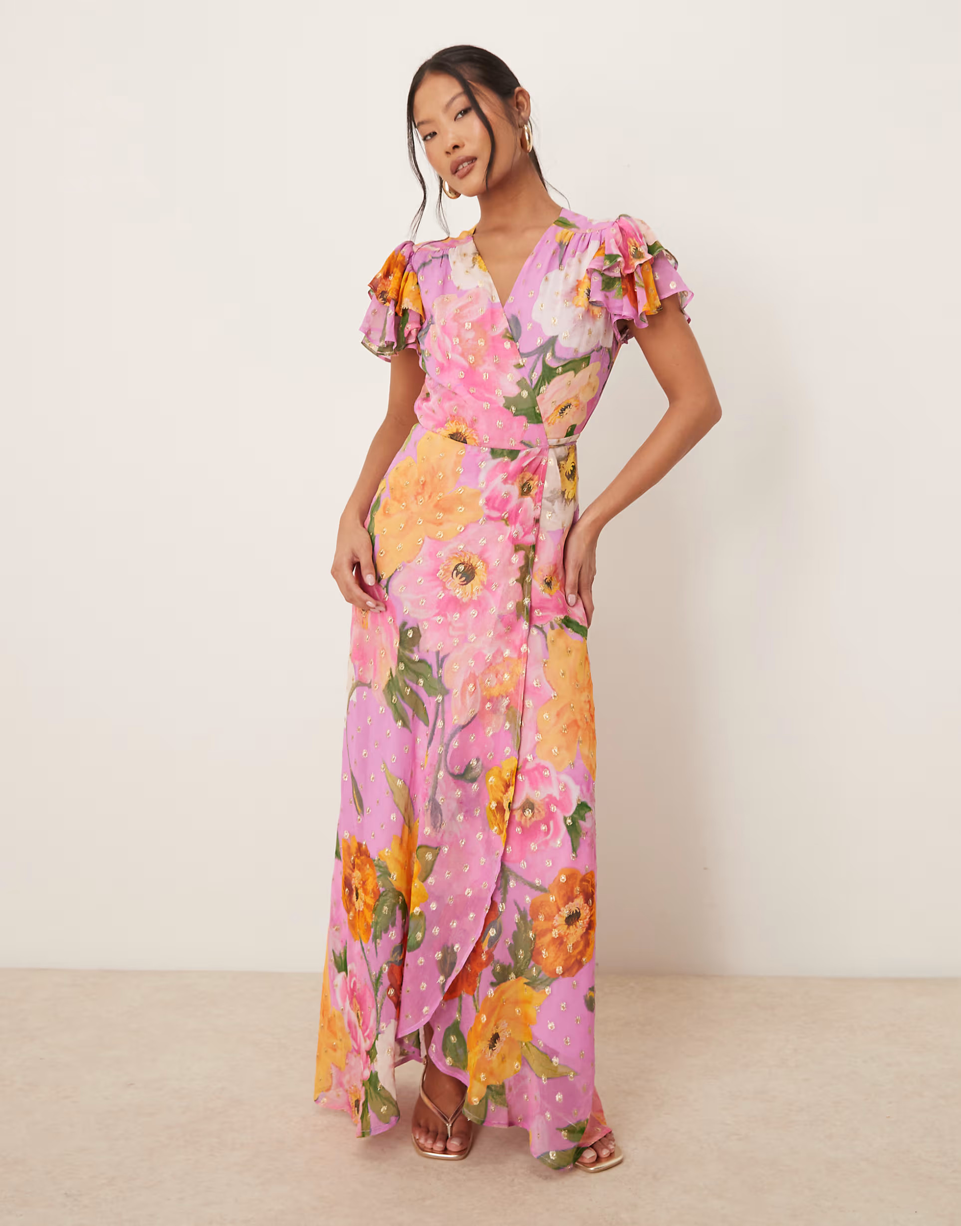 Hope & Ivy Petite frill sleeve maxi wrap dress with tie waist in pink floral print | ASOS (Global)