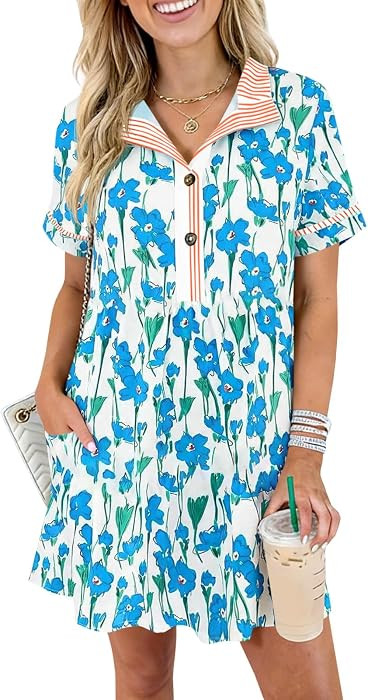Wenrine Womens Floral Mini Dress Short Sleeve Summer Boho Dresses | Amazon (US)