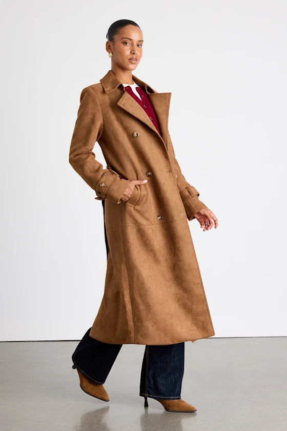 Talissa Light Brown Suede Double-Breasted Trench Coat | Lulus