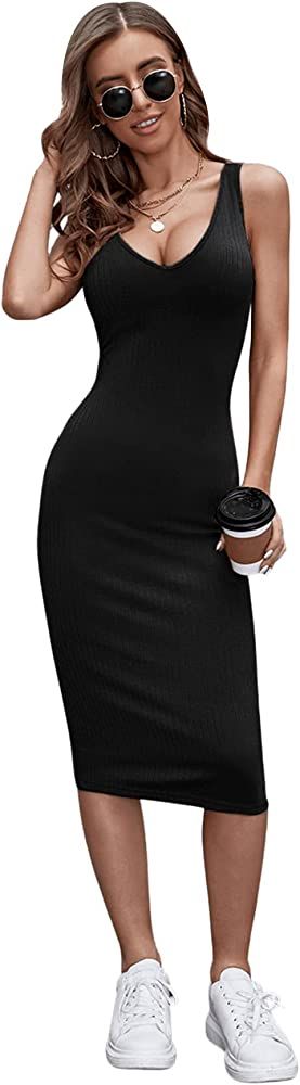 SweatyRocks Women's Sleeveless V Neck Dress Plain Rib Knit Bodycon Midi Dresses | Amazon (US)