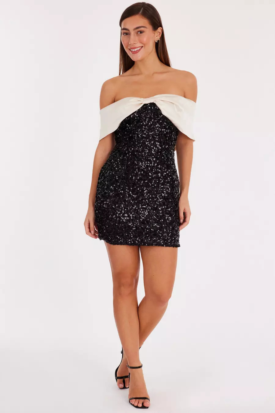 Black Sequin Bardot Mini Dress | Quiz Clothing