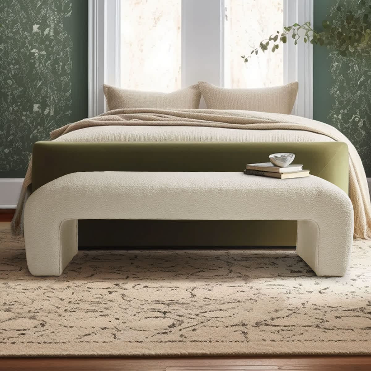 Maison Boucle 60 Inch Beige Boucle Waterfall Bench Modern Upholstered Accent Seating for Bedroom Entryway one_size in White | LILY-152-BENCH-BEIGE | Lowe's
