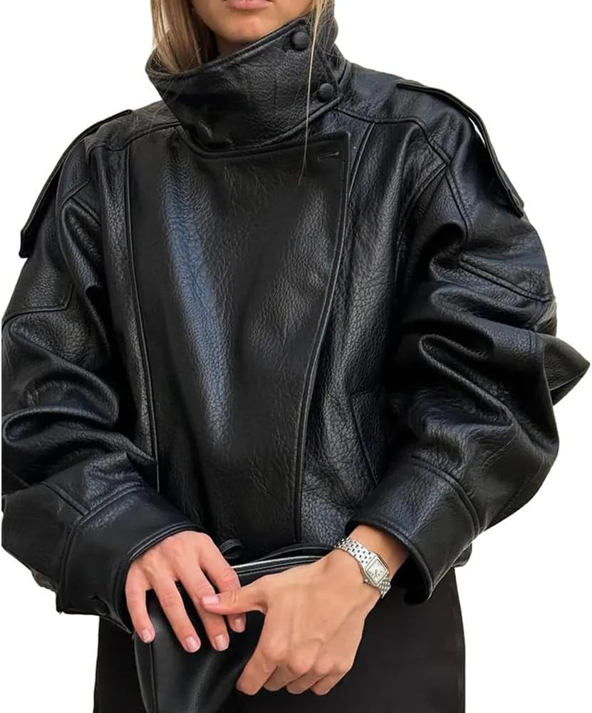 Women's Leather Jacket Casual Fall Zip Up Jacket Racer Varsity Jackets Biker Motor Coat Outwear | Amazon (US)