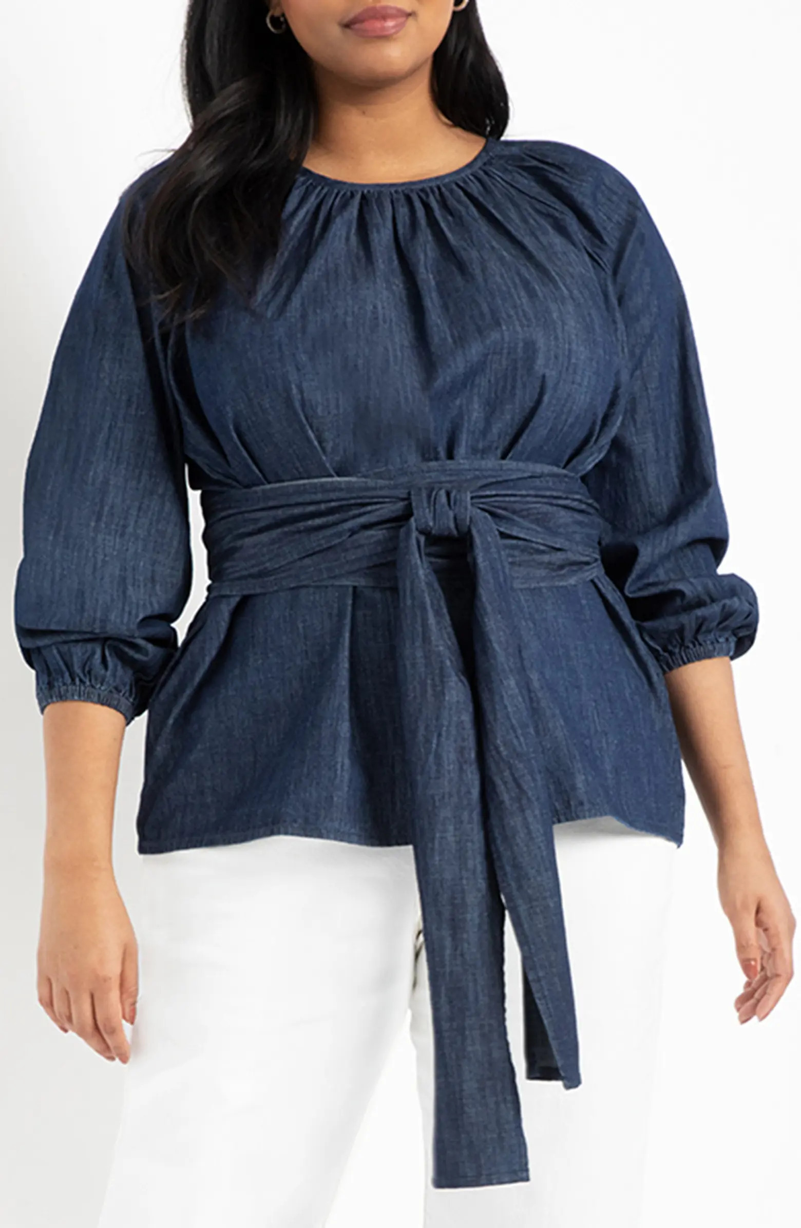 ELOQUII Chambray Tie Waist Top | Nordstrom | Nordstrom