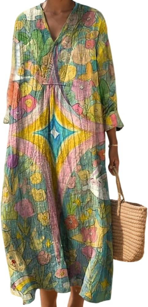 Akivide Women's Oversized Smocked Long Sleeve Boho Dress Spring Summer Casual Floral Print V Neck... | Amazon (US)