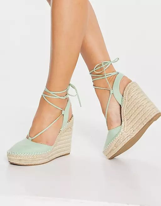 ASOS DESIGN Tammy tie leg espadrille wedges in sage green | ASOS | ASOS (Global)