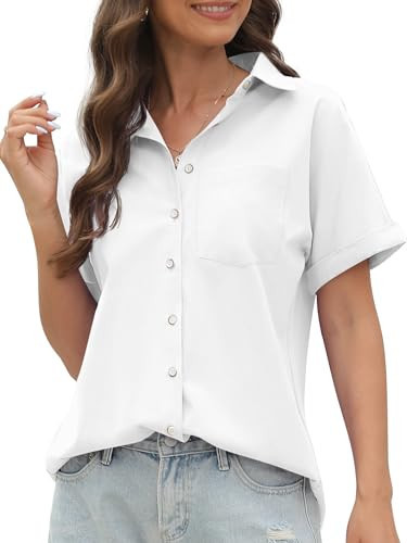 Womens White Button Down Shirt Shirts for Women Blouses & Button-Down up Tops Summer Short Sleeve Collared Dress Blouse Fashion Women's Cotton Oversized Work Dressy Casual Business Ladies top White S | Amazon (US)