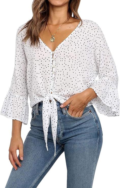 Berryou Women's V Neck Tops Ruffle 3/4 Sleeve Tie Knot Blouses Button Down Shirts | Amazon (US)