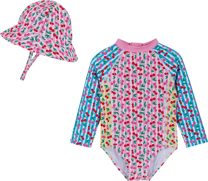 Cherry Stripe Long Sleeve One-Piece Rashguard Swimsuit & Sun Hat Set | Nordstrom