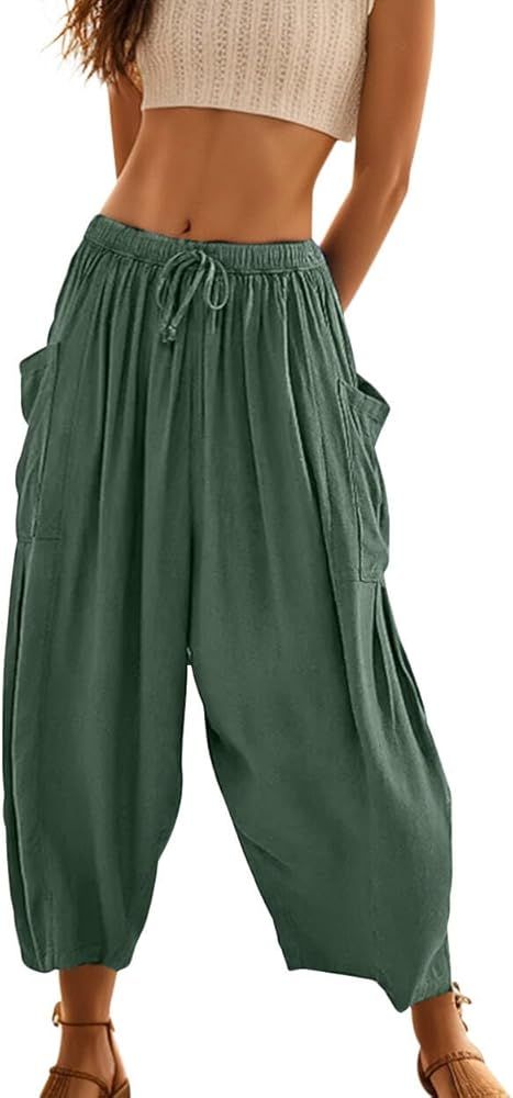 Women's Flowy Linen Pants Casual Wide Leg with Drawstring Pockets Summer Trousers Hippie Pants | Amazon (US)