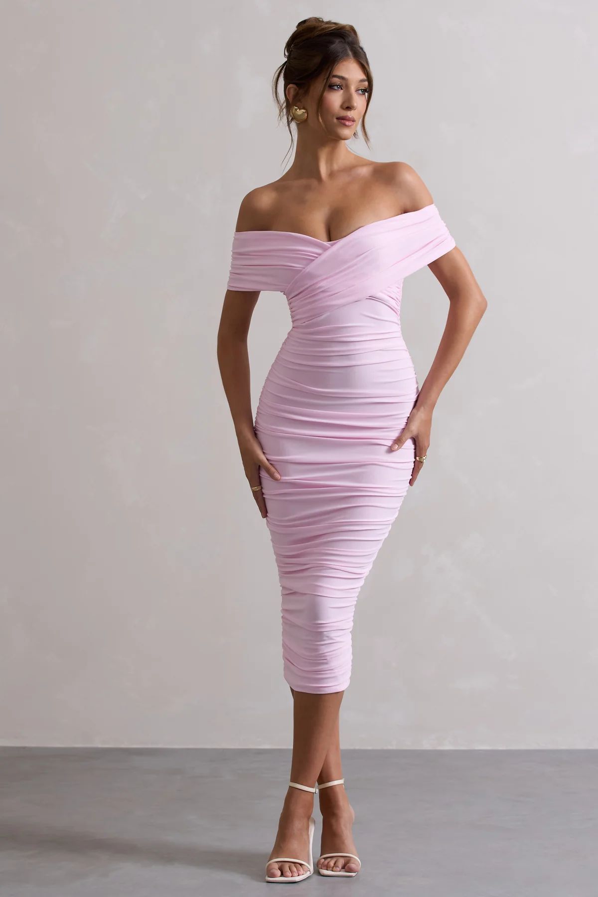Unwrapped | Pink Ruched Twist Bardot Midi Dress | Club L London