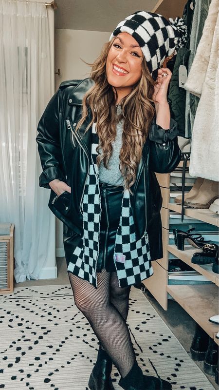 Walmart fashion midsize fall outfit edgy style- checkered beanie and scarf (so cozy) faux leather jacket xl- basic T-shirt xl- vegan leather skirt xxl, fishnet tights- Chelsea boots 


#LTKSeasonal #LTKcurves #LTKsalealert