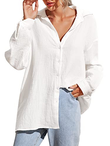 MakeMeChic Women's Oversized Button Down Shirts Collared Button Up Shirt Blouse Top White Color M | Amazon (US)