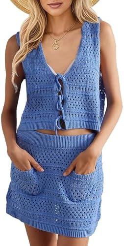 Crochet Sets Two Piece Women Skirt and Mesh Drawstring Vest Top Summer Set Outfits Swimsuit Cover... | Amazon (US)
