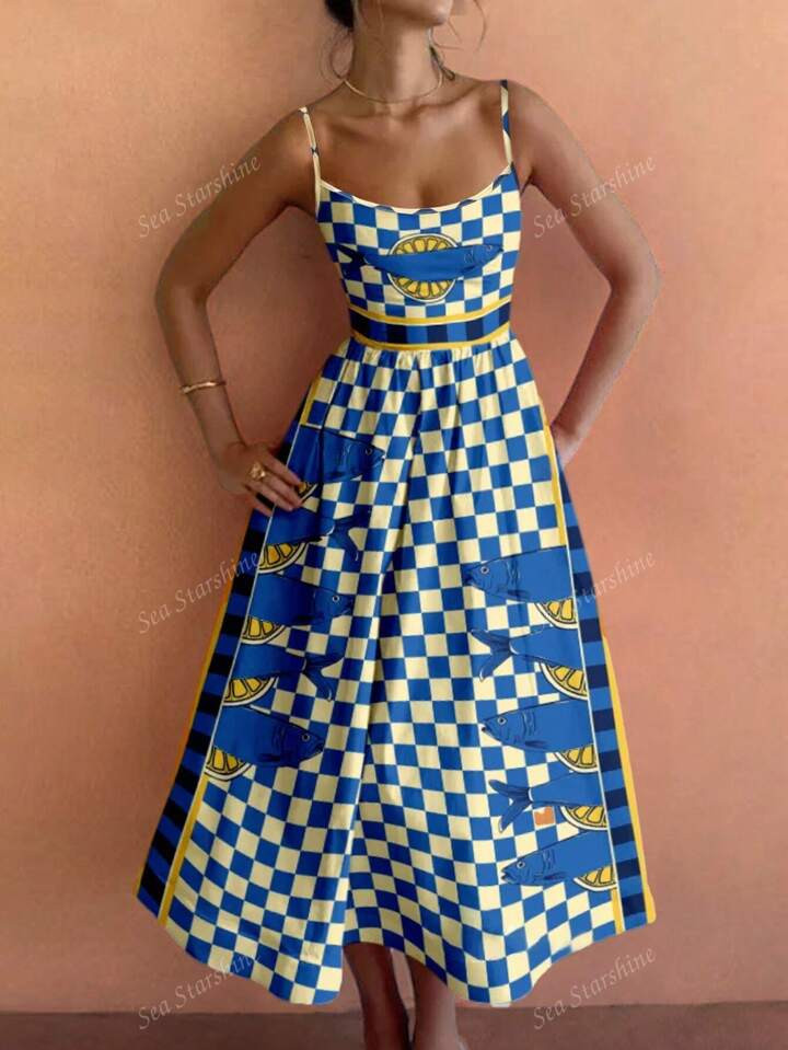 Women's Bohemian Style Summer Beach Casual Fashion Vacation Suspender Blue Apricot Color Plaid Le... | SHEIN