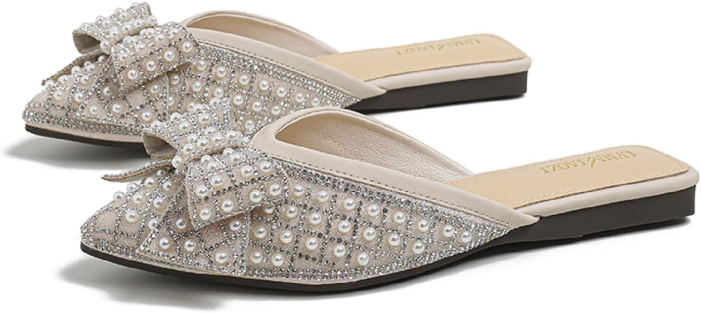 Mules for Woman Comfortable Slip on Bow Rhinestone Pointed Toe Mule Shoes | Amazon (US)