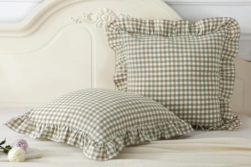 2 Pack Sage Green Plaid Ruffle Throw Pillow Covers 18x18 inches, 100% Washed Cotton Gingham Checkered Farmhouse Pillow Shams for Bed/Sofa (18x18 inches, Sage Green Gingham) | Amazon (US)