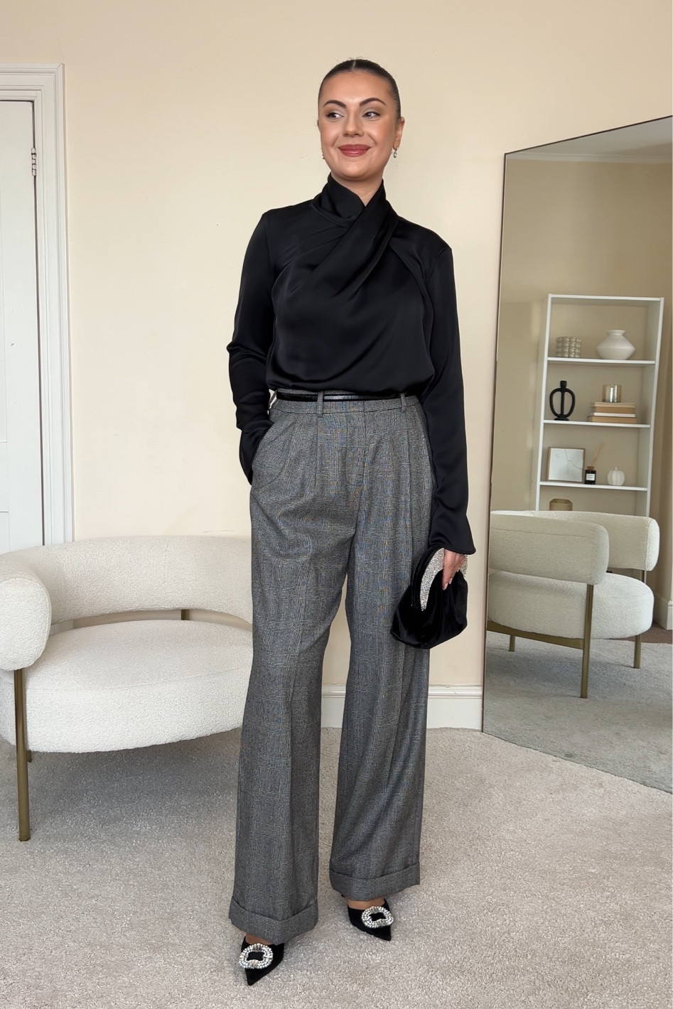 Festive season outfit. Christmas party outfit.
Blouse is from H&M, wearing size S.
Trousers are from Lily Silk, wearing size UK12.
Heels are from Mango.
Bag is from River Island .

#LTKCyberSaleUK #LTKHoliday #LTKstyletip