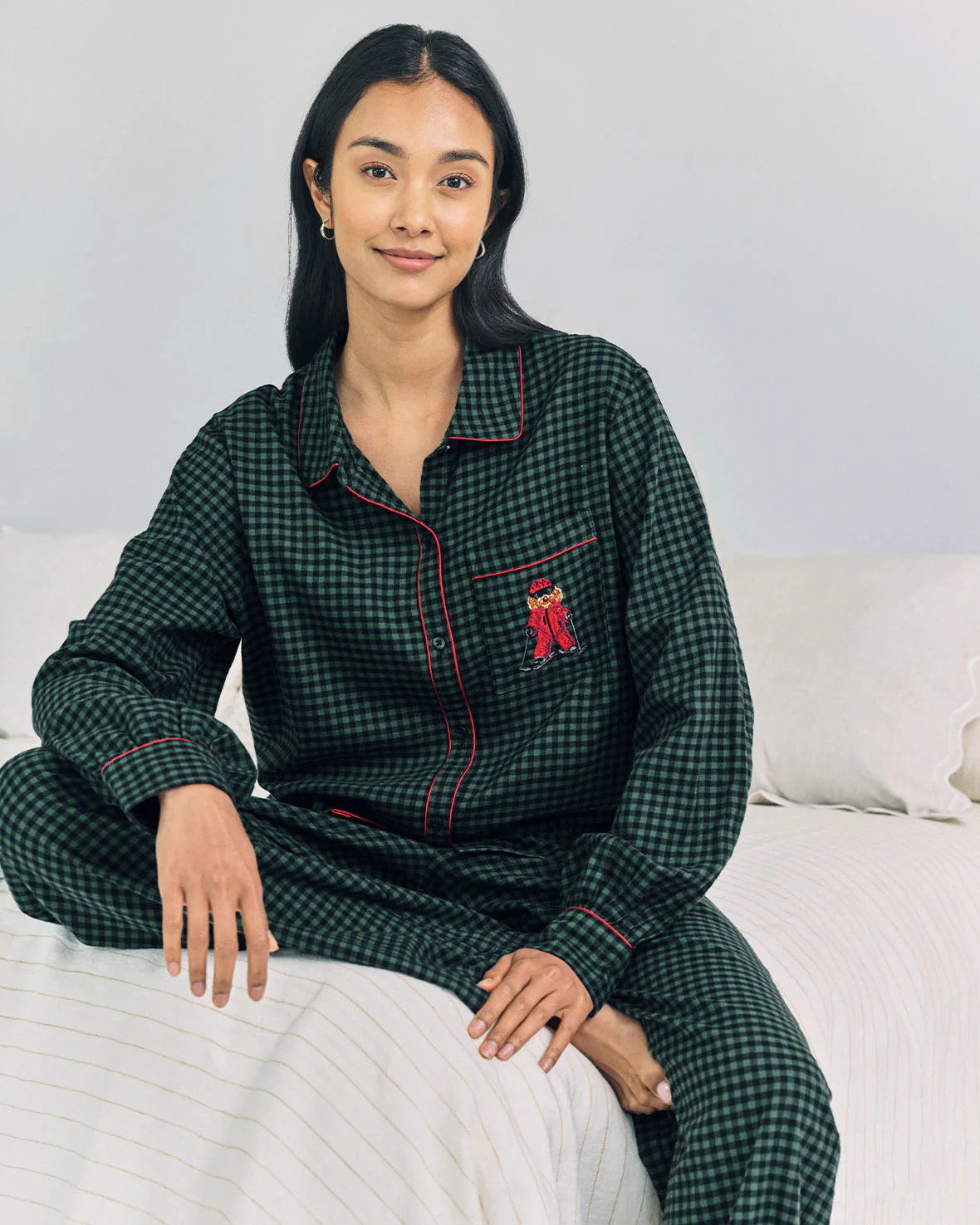 Organic Cotton Embroidered Skiing Chip the Cockapoo Gingham Long Pyjam | Chelsea Peers NYC